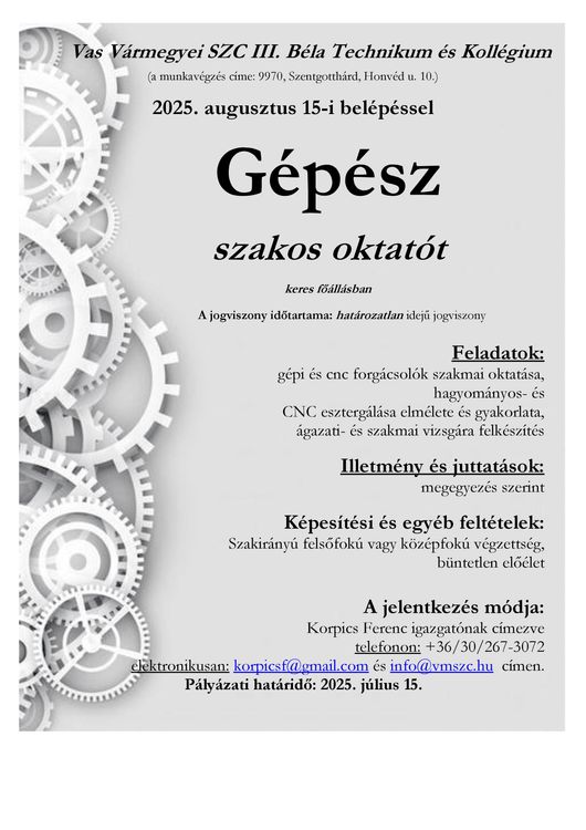 Álláslehetőség - gépész oktató