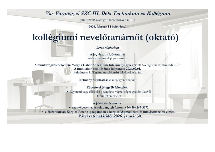 Kollégiumi nevelőtanárnő álláshirdetés