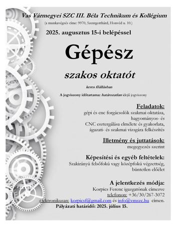Álláslehetőség - gépész oktató