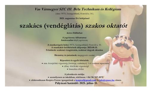 Álláslehetőség - szakács oktató